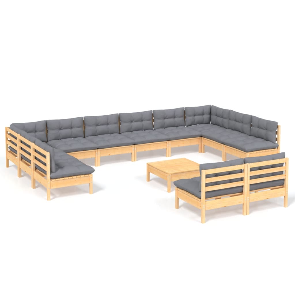 NNEVL 13 Piece Garden Lounge Set with Grey Cushions Solid Pinewood-1