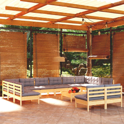 NNEVL 13 Piece Garden Lounge Set with Grey Cushions Solid Pinewood-0