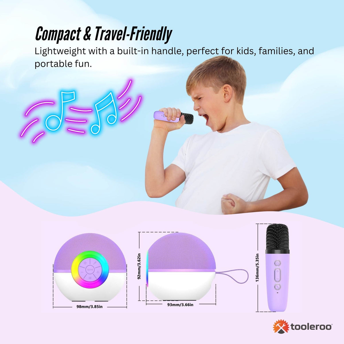 Tooleroo Mini Karaoke Machine 2 Wireless Mics Bluetooth Speaker Purple